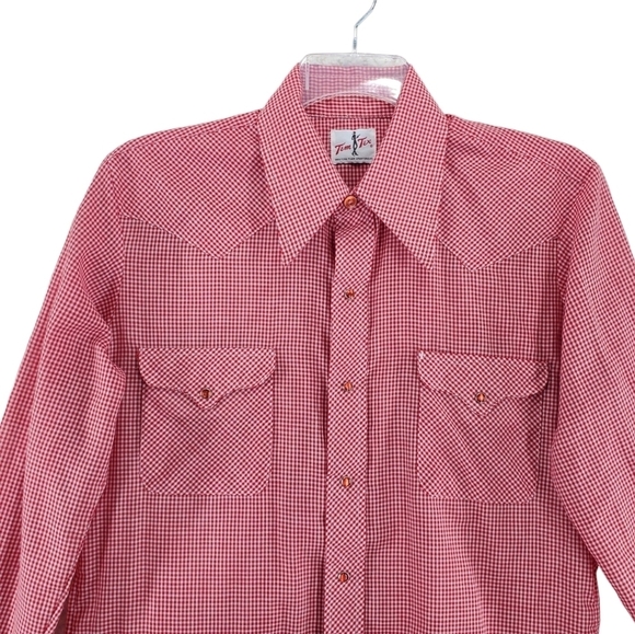 Vtg Tem Tex Shirt Mens 16 Pearl Snap Button Up Gingham Red White Western Cowboy - Picture 3 of 13